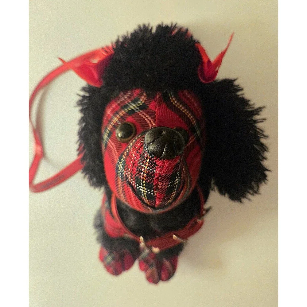Poochie & Co Novelty Black Plush Poodle Purse Red Plaid Dog Shoulder Bag 13